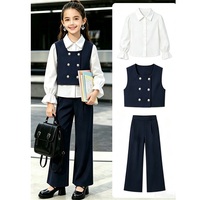 Ensemble de costume 3 pièces pour filles, veste bleu marine personnalisée, uniforme scolaire britannique pour les enfants du primaire