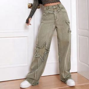 Oferta 2025 OOTD: Jeans de Mezclilla Personalizados con Bordado, Cintura Alta, Corte Recto, Color Verde Claro, Transpirables, Diseño de Pierna Ancha para Mujer - Product Image 3