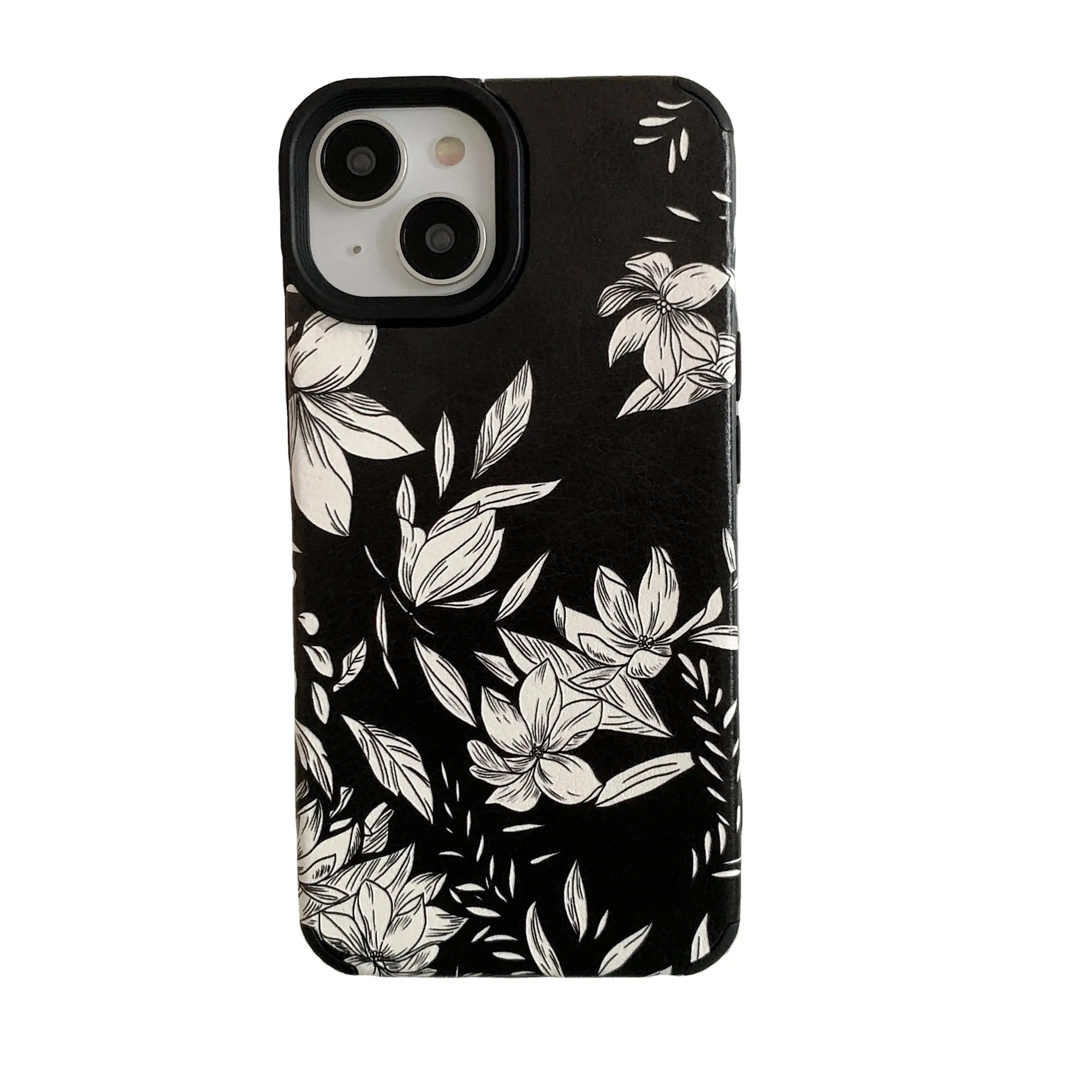 Hochwertige Hot Selling High-End dunkle Nacht schwarz Hintergrund weiß Blume Street Style geeignet für iPhone 15 Handy hülle