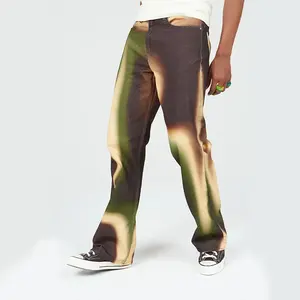 OEM 2023新款上市全身数码印花直腿设计师100% 纯棉定制男士牛仔裤