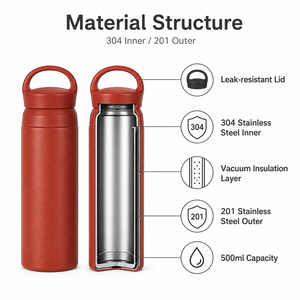 Bouteille isotherme personnalisée avec logo, 500 ml, avec poignée de transport, couvercle, en acier inoxydable 304, pour les sports de plein air, les voyages, les cadeaux, en gros - Product Image 4