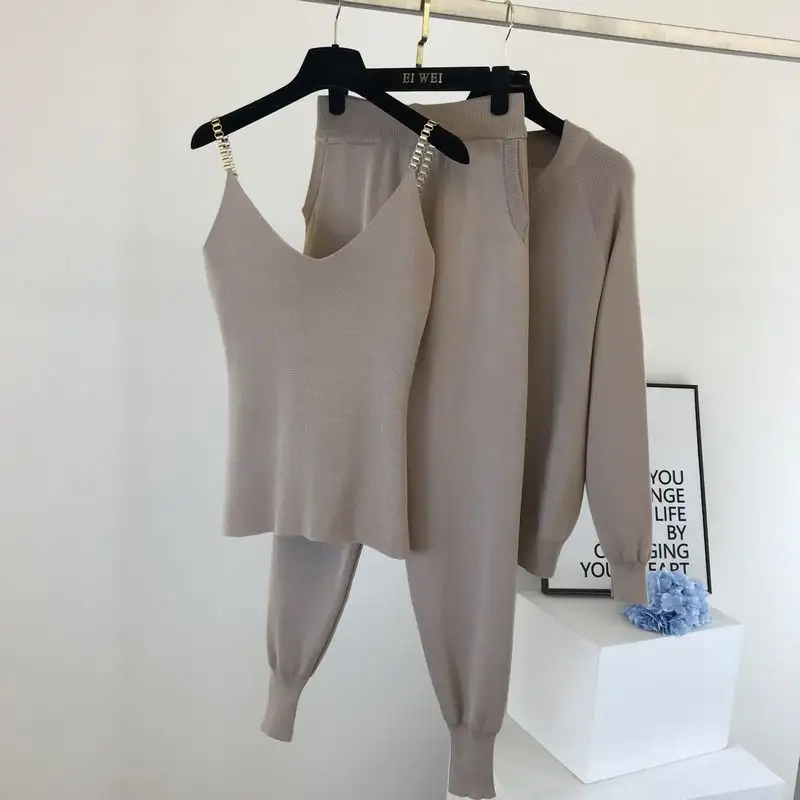 Fashion 3 Piece Women's Sweater Suits Solid Color Three Piece Set Tracksuits Casual Set Clothing