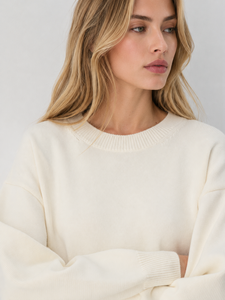 Pull en Coton et Cachemire Personnalisé à Col Rond, Tricot Doux Ivoire pour Femme, Coupe Ample Épaules Tombantes, Ourlet Côtelé, Manches Longues - Product Image 5