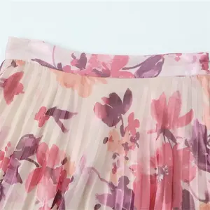 TAOP & ZA Rosa estampado de flores de cintura alta floral gasa plisada falda hasta el tobillo Falda midi 2024 mujer verano 9878061 9878055