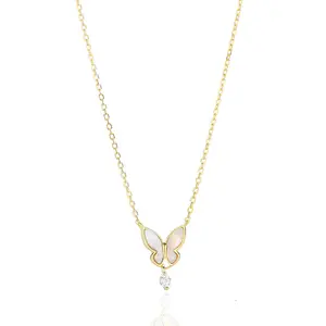 Newest Butterfly Pendant Necklaces MOP & Clear CZ Diamonds 925 Sterling Silver Solid Filled Gold Plated Jewelry for Women Girls