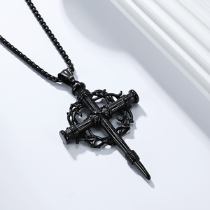 Instagram-worthy thorn wreath cross necklace, a trendy streetwear symbol, and a colorfast <b>titanium</b> steel pendant. - Product Image 4