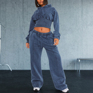 Women's 2 Piece Hooded <b>Crop</b> <b>Top</b> & Wide Leg Jogger Pants <b>Set</b> Solid Color Knitted Casual Loose Fit Winter Wear - Product Image 6