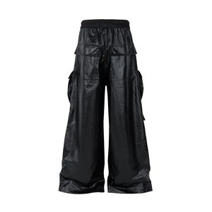 <strong>Men</strong> <strong>Faux</strong> <strong>Leather</strong> Multi Pocket Wide Leg Cargo Pants Drawstring Elastic Waist Zipper Front Casual <strong>Trousers</strong> Wholesale Custom Logo - Product Image 2