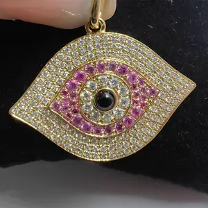 Liontin emas padat 18k Drop Shipping perhiasan halus kustom berlian Lab Ruby Onyx mata jahat liontin 26mm jimat hadiah untuk wanita