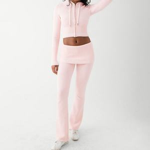 Conjunto de Dos Piezas de Punto de Moda Otoño-Invierno al por Mayor, Personalizado y de Alta Calidad: Sudadera Sexy con Abertura en el Ombligo y Pantalones Micro Slim Novedosos - Product Image 2