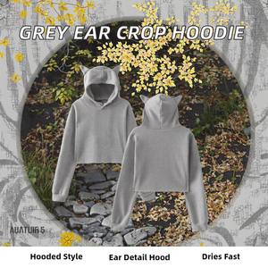Custom Women Grey Cropped Hoodie Cute Ear Detail Hood Sweatshirt Breathable Lined Soft Cotton Pullover Short Length Streetwear - Product Image 2