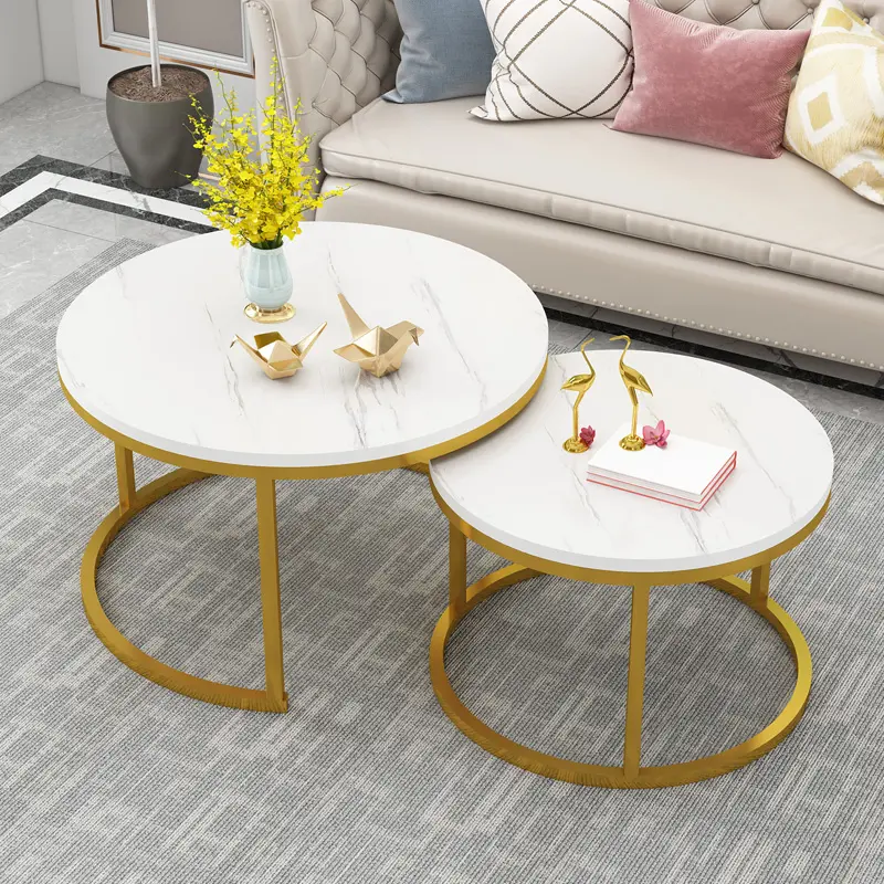 Tavolino da tè moderno di lusso in MDF con tavolino rotondo rotondo in marmo bianco con gamba in metallo