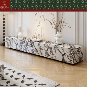 Console TV moderne et artistique pour salon, en marbre Calacatta à base blanche et veines noires, 3 tiroirs à ouverture par pression, découpe sur mesure OEM - Product Image 3