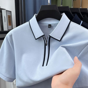 Polo de manga corta para hombre, de algodón de color liso, con media cremallera, informal, fresco para verano, de alta calidad, con cuello tipo solapa - Product Image 1