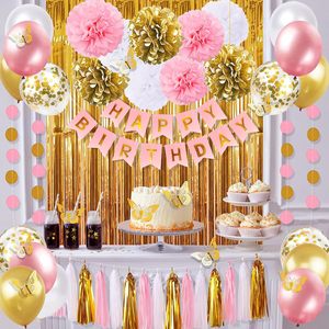 Décorations de fête d'anniversaire rose et or pour femmes avec bannière Joyeux anniversaire, rideaux, papier peint mural papillon, glands et guirlande - Product Image 2
