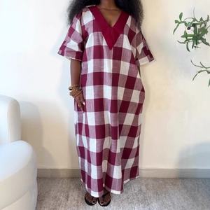 Vestidos de Moda para Mujer, Cuello en V, Estampado a Cuadros, Manga Corta, Tallas Grandes, Estilo Africano - Product Image 4