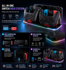 Station de charge tout-en-un pour Joy-Con et manette Pro avec éclairage RGB et organisateur de rangement - Product Image 2