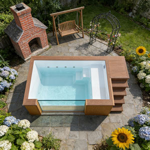 Rectangular <b>Above</b> <b>Ground</b> <b>Pool</b> Design Featuring Built-In Wooden Seating and Complete Water Circulation System <b>Pool</b> - Product Image 5