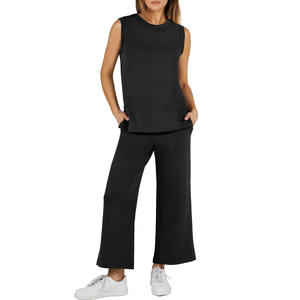 Set da donna europeo americano estivo in due pezzi nuovo stile Casual senza maniche ampio collo ampio <span class=keywords><strong>pantaloni</strong></span> <span class=keywords><strong>con</strong></span> <span class=keywords><strong>spacco</strong></span> tinta unita lungo - Product Image 6