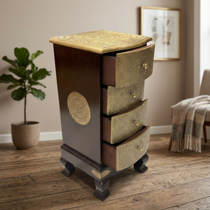 Nirmala Handicrafts Handcrafted Eco-Friendly Modern Wooden <b>Chest</b> 4 Drawers Embossed Brass Metal Foil Fitted Tops Multifunction - Product Image 1