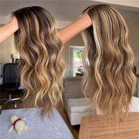 Perruque Lace Front sans colle en cheveux européens vierges, couleur Balayage Brun Blond, avec dessus en dentelle et sangle réglable, pour femmes souffrant de perte de cheveux