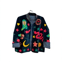 Veste courte d'hiver en coton tricoté, matelassée, brodée, en velours, avec motifs floraux, ciel de minuit et galaxie