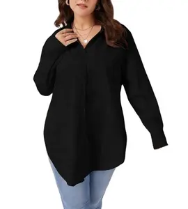 Ladies Clothing Long Sleeve Women Shirt Blouse Top Black Color Curved Hem Shirts Plus Size Women's Blouses