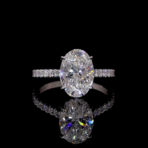 Oval Elegance Lab Diamond Ring Halo Setting Pave Band 14K 18K Oro - Product Image 1