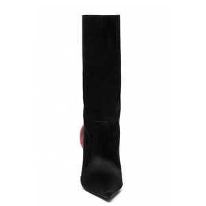 Bottines en daim à fleurs 3D pour femmes, coupe large, mi-mollet, bout pointu, talon haut, bottes courtes, chaussures à talon aiguille, grande taille 46 - Product Image 6