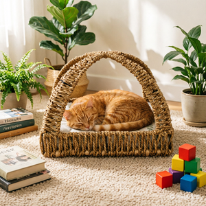 Lit pour chat en saule fait main, nid pour animaux en osier naturel tressé, utilisation intérieure, respirant, écologique, style animalier, coussin lavable - Product Image 2