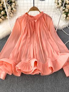 <span class=keywords><strong>Camicetta</strong></span> <span class=keywords><strong>con</strong></span> Maniche a Lanterna in Stile Coreano - Primavera Autunno 2025 Elegante Top in Chiffon <span class=keywords><strong>con</strong></span> Orlo a <span class=keywords><strong>Balze</strong></span>, Vestibilità Ampia Camicia Casual da Donna - Product Image 3