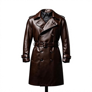 <b>Men</b> Genuine <b>Leather</b> Trench Coat Notched Lapel Double Breasted Knee Length With Belt Regular Fit - Product Image 1