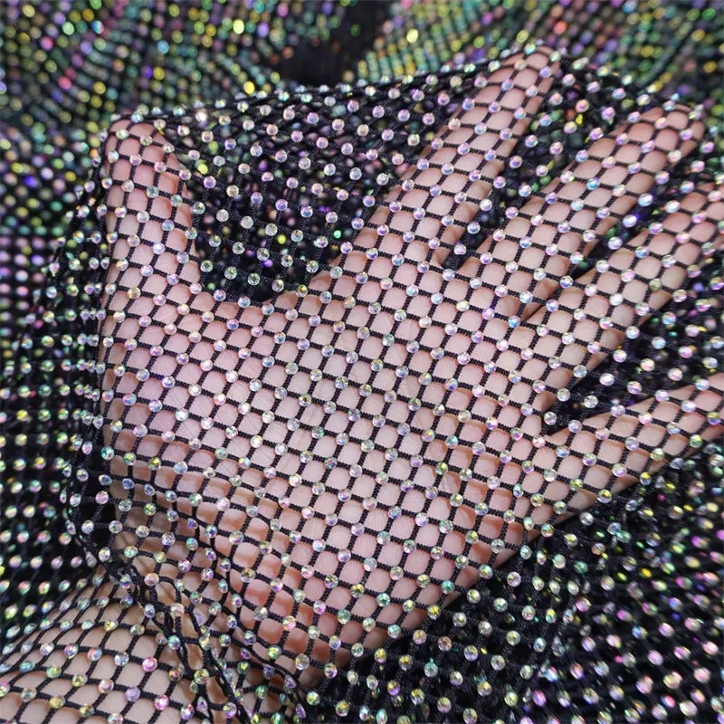 Fabrika satış dikiş Rhinestones Mesh SS10 kristal ile aplike süsü kumaş siyah fishnet mesh see through