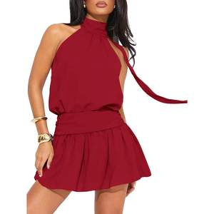 Vestido Mini Rojo Personalizado para Mujer, Estilo Halter, Línea A, Chifón, con Lazos en la Espalda, para Fiesta o Club - Product Image 2