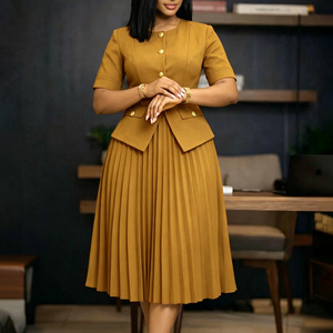 2026 Trendy Summer Career Dresses Women Lady Elegant O- Neck Single-breasted Two Piece Illusion Pleated Casual Dresses With Belt - Product Image 5