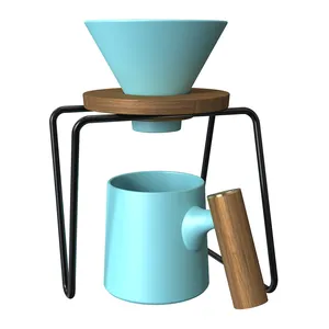 Dhpo Koffiezetapparaat Set Premium Zwarte Keramische Druppelaar & Koffie Cup Set Met Houten Onderzetter En Roestvrij En Stalen Standaard
