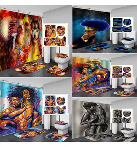 2021 tissu imperméable populaire, 3D impression déco noir femmes Art Style afro-américain salle de bain ensembles, rideau de douche ensemble 4 pièces
