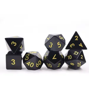 Obsidian Hitam Multi Sisi Kustom 7 Buah Set Dadu untuk Game Papan Dnd Rpg