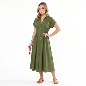 Vestido Camisero de Lino para Mujer, de Alta Calidad, Manga Corta, Largo Medio, Plisado, Cintura Elástica, Verano, Casual, Oficina - Product Image 3