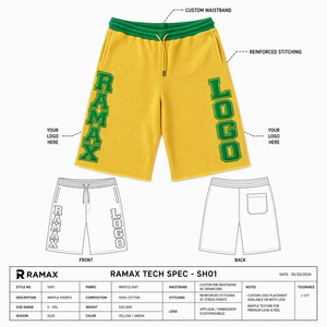 Shorts personnalisés pour hommes en tricot gaufré avec broderie de lettres en chenille, taille côtelée contrastante, cordon de serrage, ourlet effiloché brut, poches latérales, coupe ample - Product Image 2