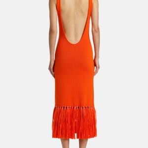 Robe longue de plage unie à taille haute, style printemps-été 2025, coupe ajustée, dos nu, avec pompons, pour femme - Product Image 4