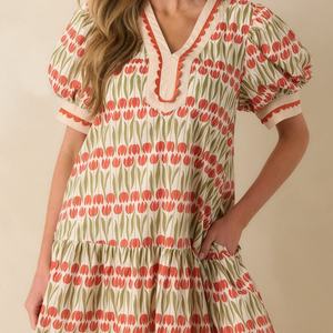 Vestido de Lino y Algodón con Volantes, Elegante y Moderno, Cuello en V, Casual, Corte en A, Manga Corta, Midi, Verano, para Mujer - Product Image 2