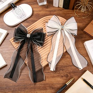 Pinza para el pelo estilo coreano de moda con lazo de organza y malla, cinta larga y accesorio de cristal, horquilla superior, accesorio para el cabello - Product Image 1