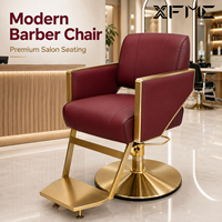 Fauteuil de Barbier Personnalisé OEM/ODM en Cuir Rouge Vin avec Base Ronde en Métal Doré – Mobilier Professionnel pour Salon de Coiffure