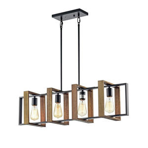 Luminaire suspendu rectangulaire en bois rustique et métal noir de 36 pouces, 4 lumières, design de ferme pour îlot de <span class=keywords><strong>cuisine</strong></span>, lustre industriel - Product Image 1