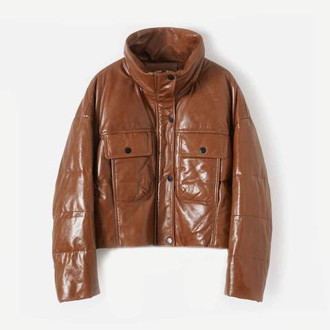 907 Woman Fashion Cloth White Duck Down Coat Jackets Stand Collar Vintage Brown Oil Waxed Sheepskin Leather Down Coat