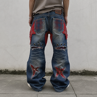 DiZNEW Jeans Premium Homme en Denim Délavé Épais avec Patchwork Étoile 3D et Détails Multi-Œillets, Coupe Ample et Jambe Large, Fabrication Personnalisée