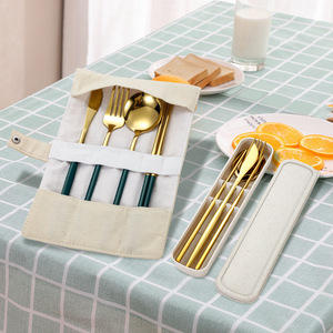 Juego de cubiertos de acero inoxidable para exteriores, cuchillo, tenedor, cuchara, palillos, utensilios portátiles para acampar, verde dorado, 4 piezas - Product Image 3
