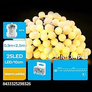 Guirnalda de luces LED con bombillas estilo leche, funciona con pilas 3AA, 2,5 m, color blanco cálido, ideal para - Product Image 1