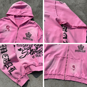 Sudadera con capucha personalizada con pedrería, 100% algodón, oversize, 500 g/m² de felpa francesa de alto gramaje, con lavado ácido y efecto desgastado, con cremallera. - Product Image 3